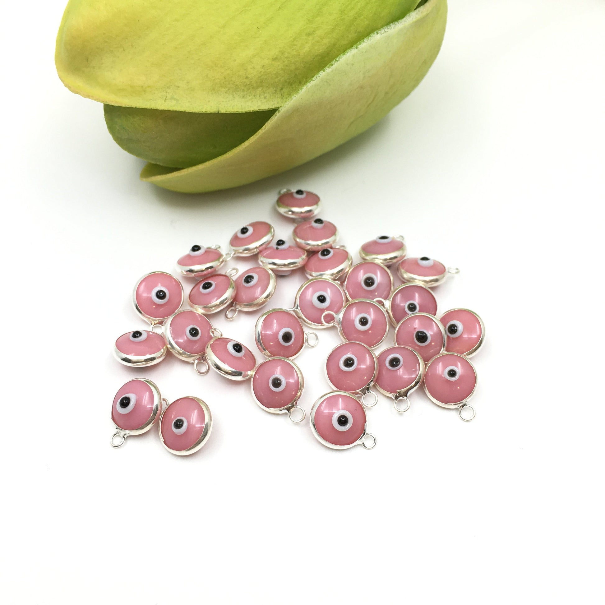 2Pcs Round Silver Plated Pink Evil Eye Charm | Bellaire Wholesale