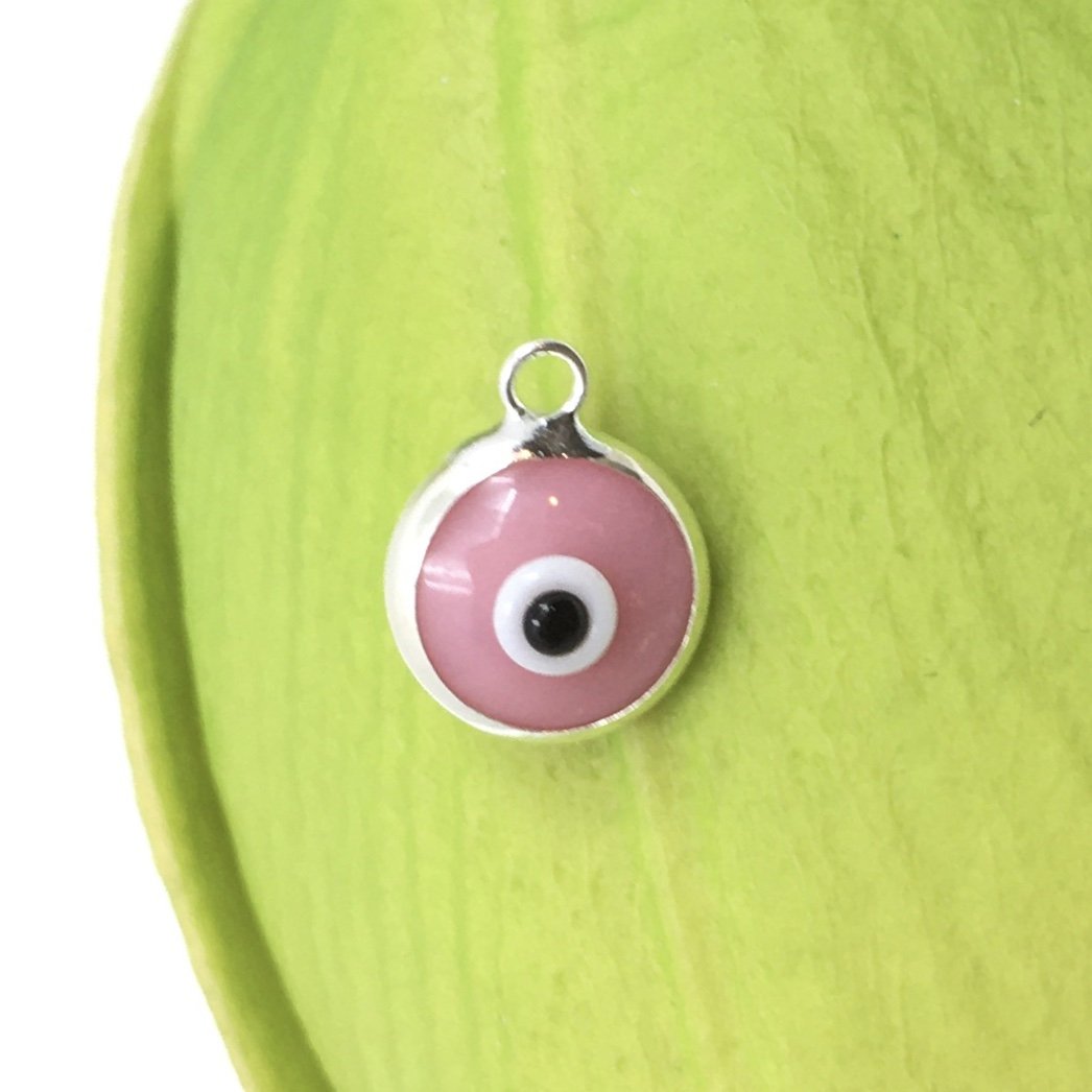 2Pcs Round Silver Plated Pink Evil Eye Charm | Bellaire Wholesale
