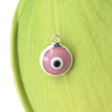 2Pcs Round Silver Plated Pink Evil Eye Charm | Bellaire Wholesale