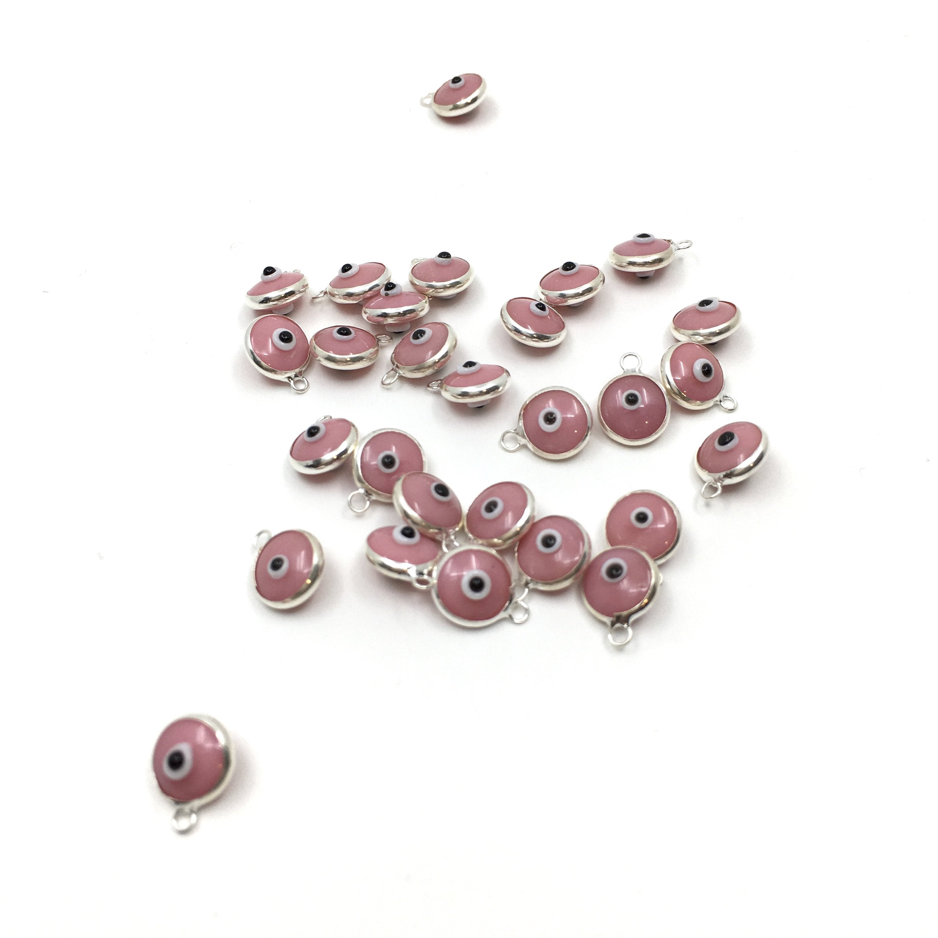 2Pcs Round Silver Plated Pink Evil Eye Charm | Bellaire Wholesale
