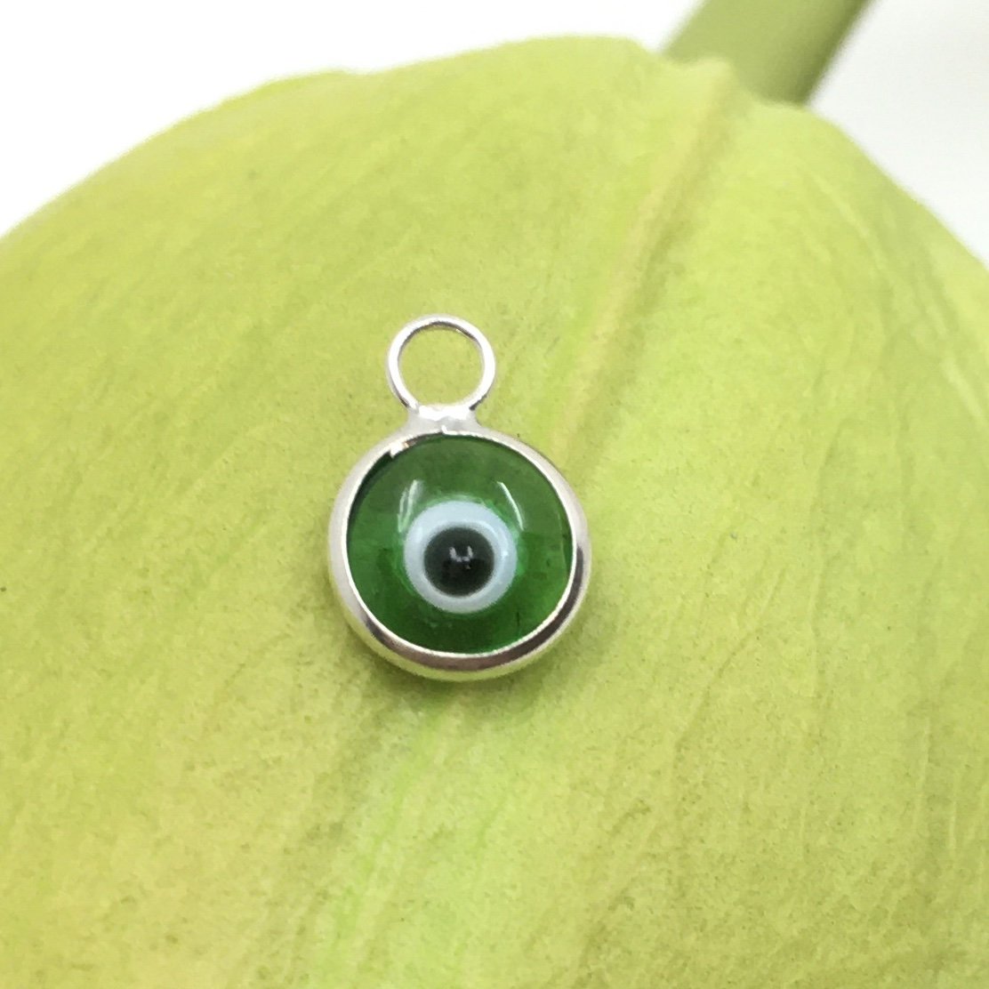 2Pcs Round Silver Plated Green Evil Eye Charm | Bellaire Wholesale