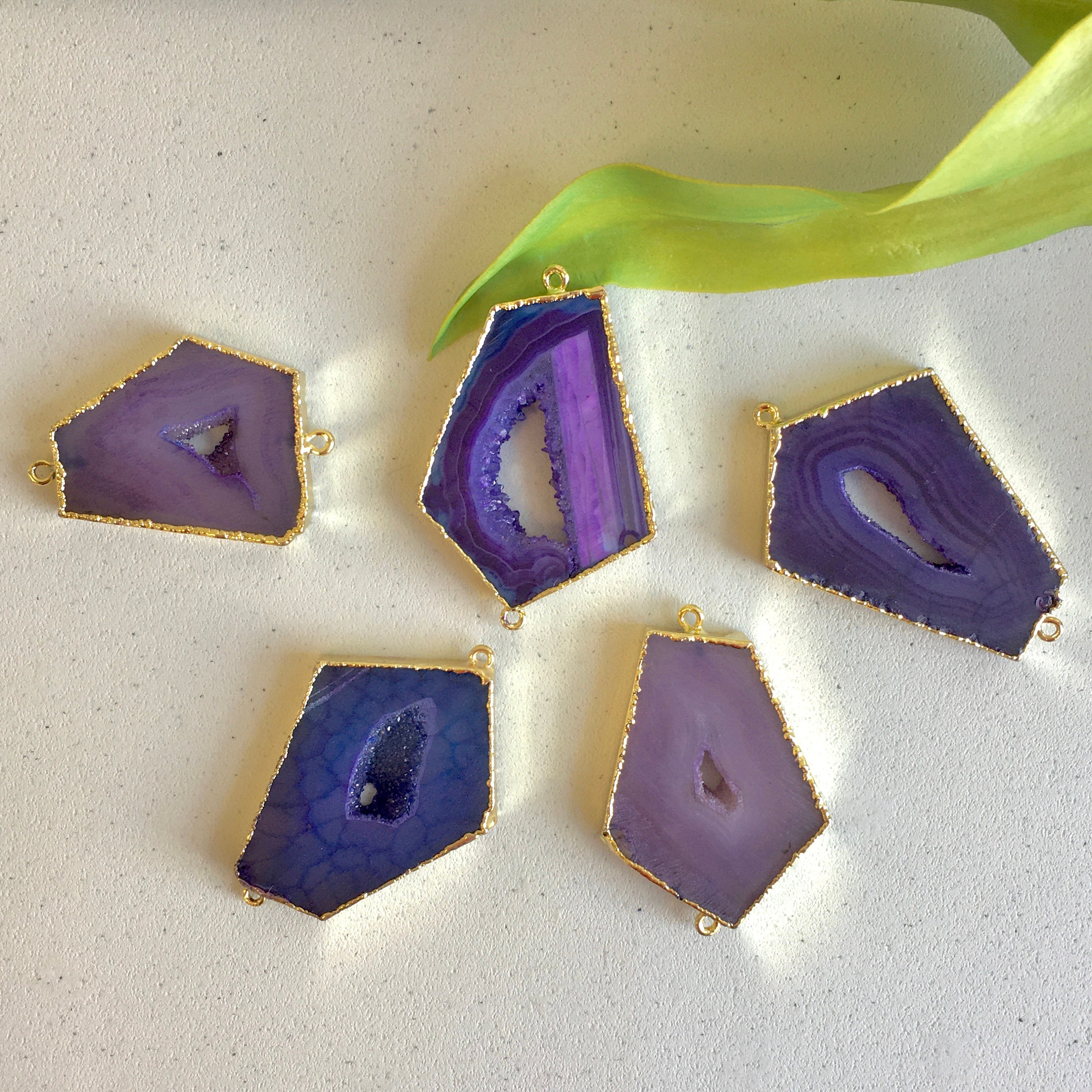 Purple Natural Druzy Agate Slice Connectors | Bellaire Wholesale