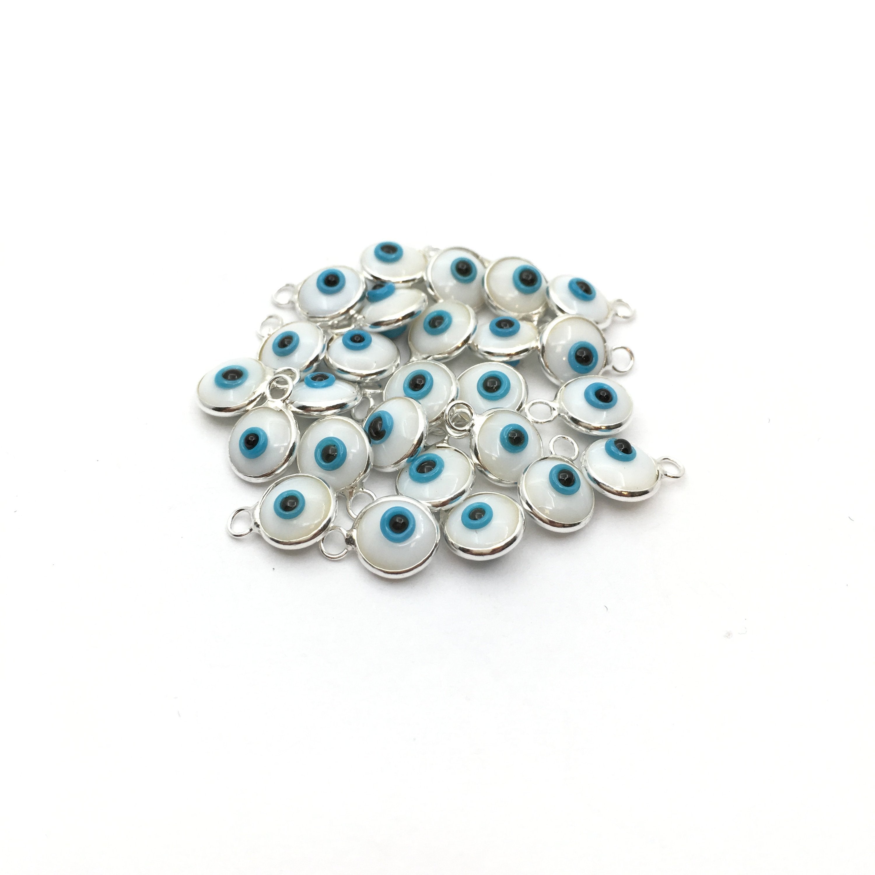 2Pcs Round Silver Plated White Evil Eye Charm | Bellaire Wholesale