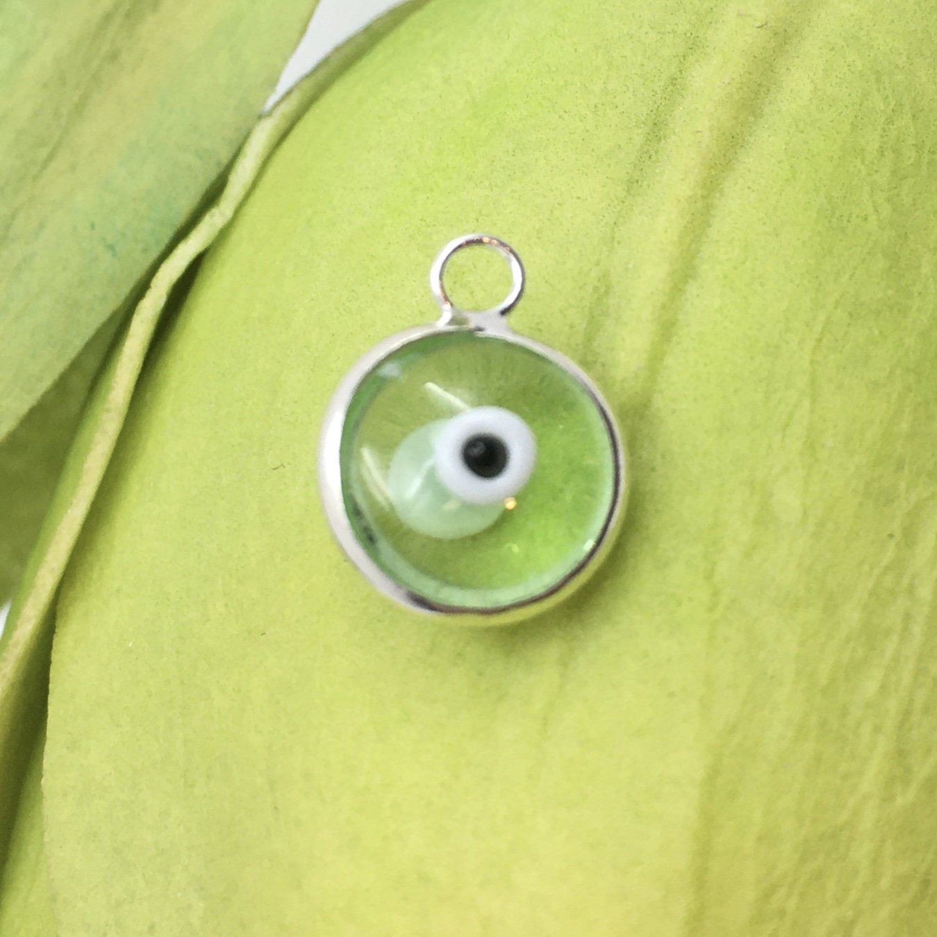 2Pcs Round Silver Plated Green Evil Eye Charm | Bellaire Wholesale