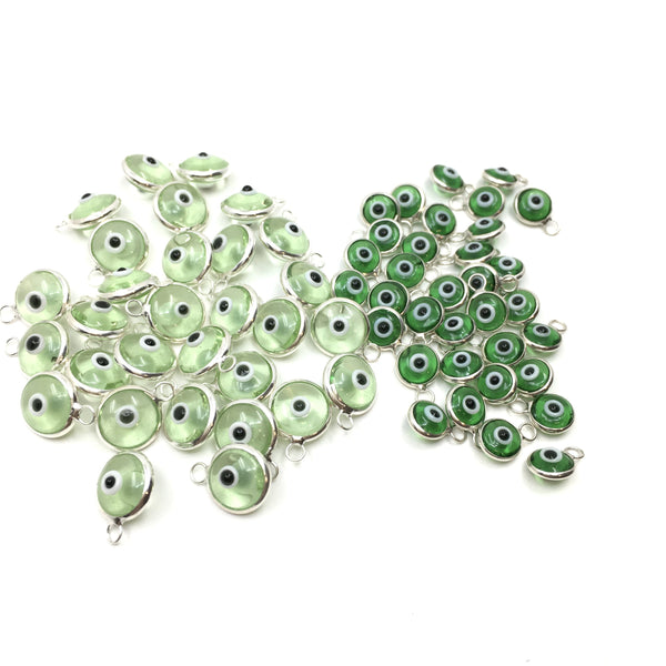 2Pcs Round Silver Plated Green Evil Eye Charm | Bellaire Wholesale
