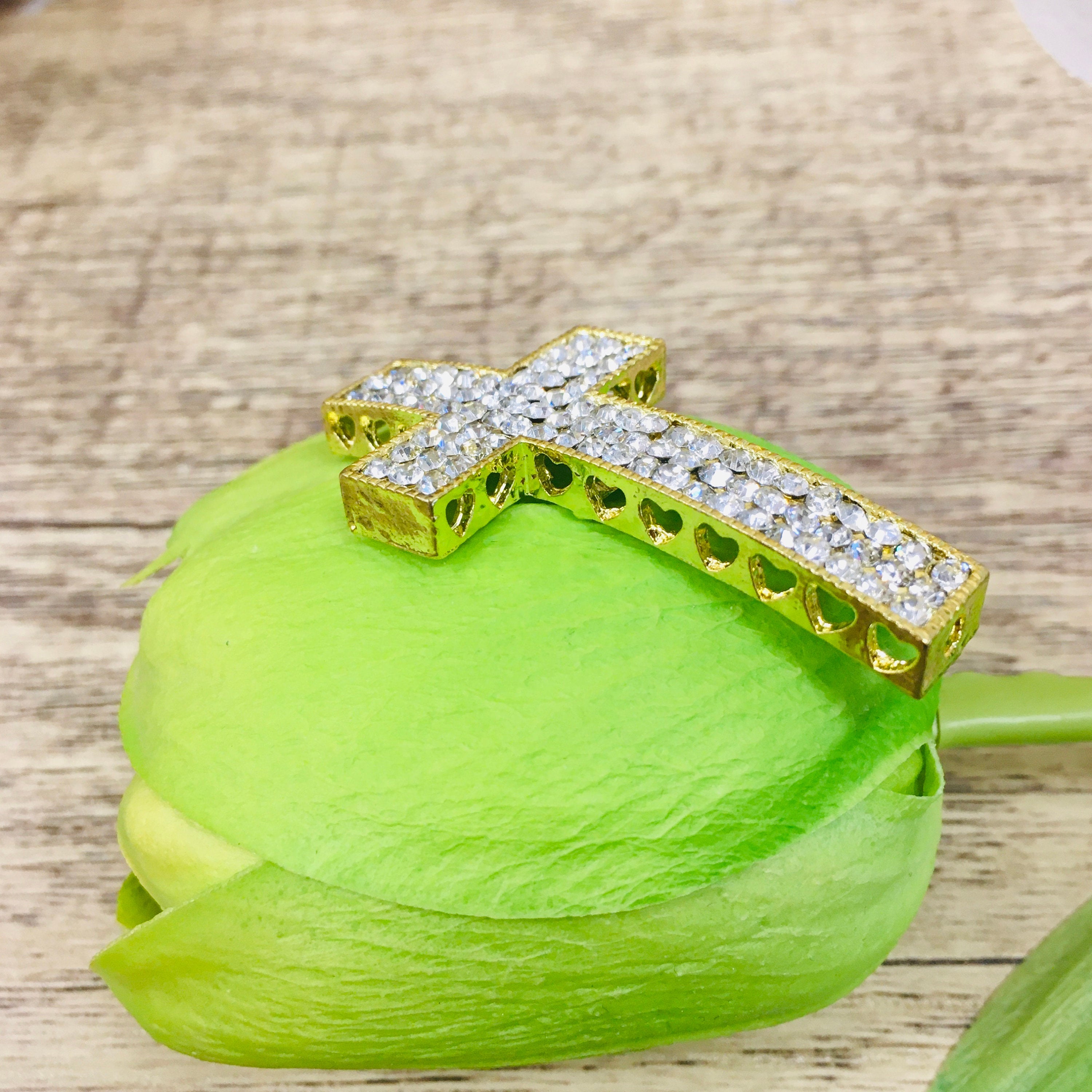 Gold Cross with Rhinestones, heart holes | Bellaire Wholesale