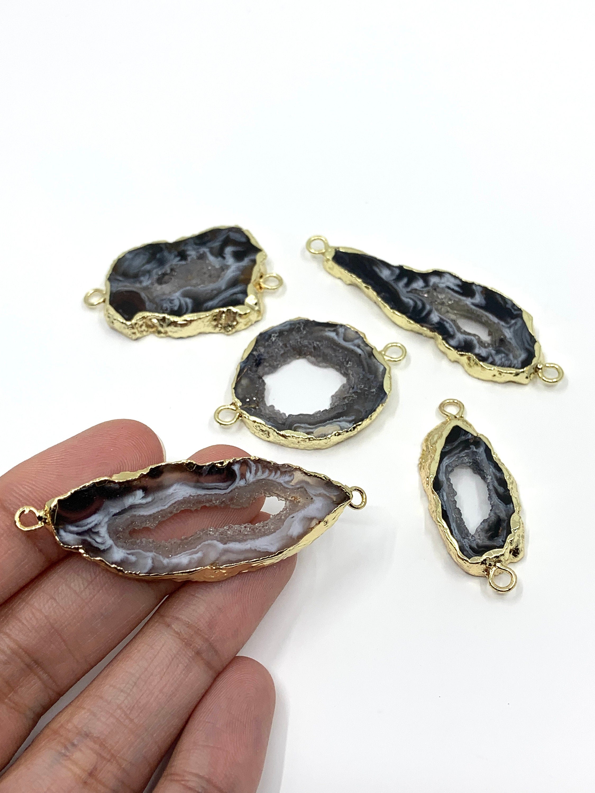 Charcoal Grey Natural Druzy Agate Slice Connectors