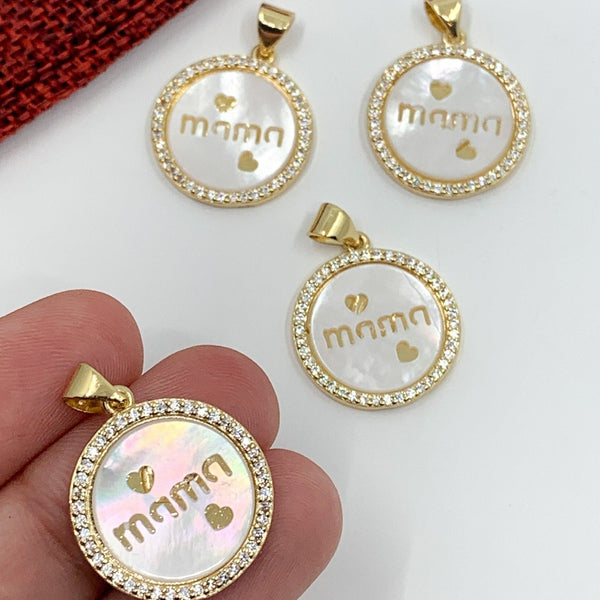 "Mama writing with 2 hearts" on flat round shell pearl charm pendant with clear cz stones around, 18k gold plated 