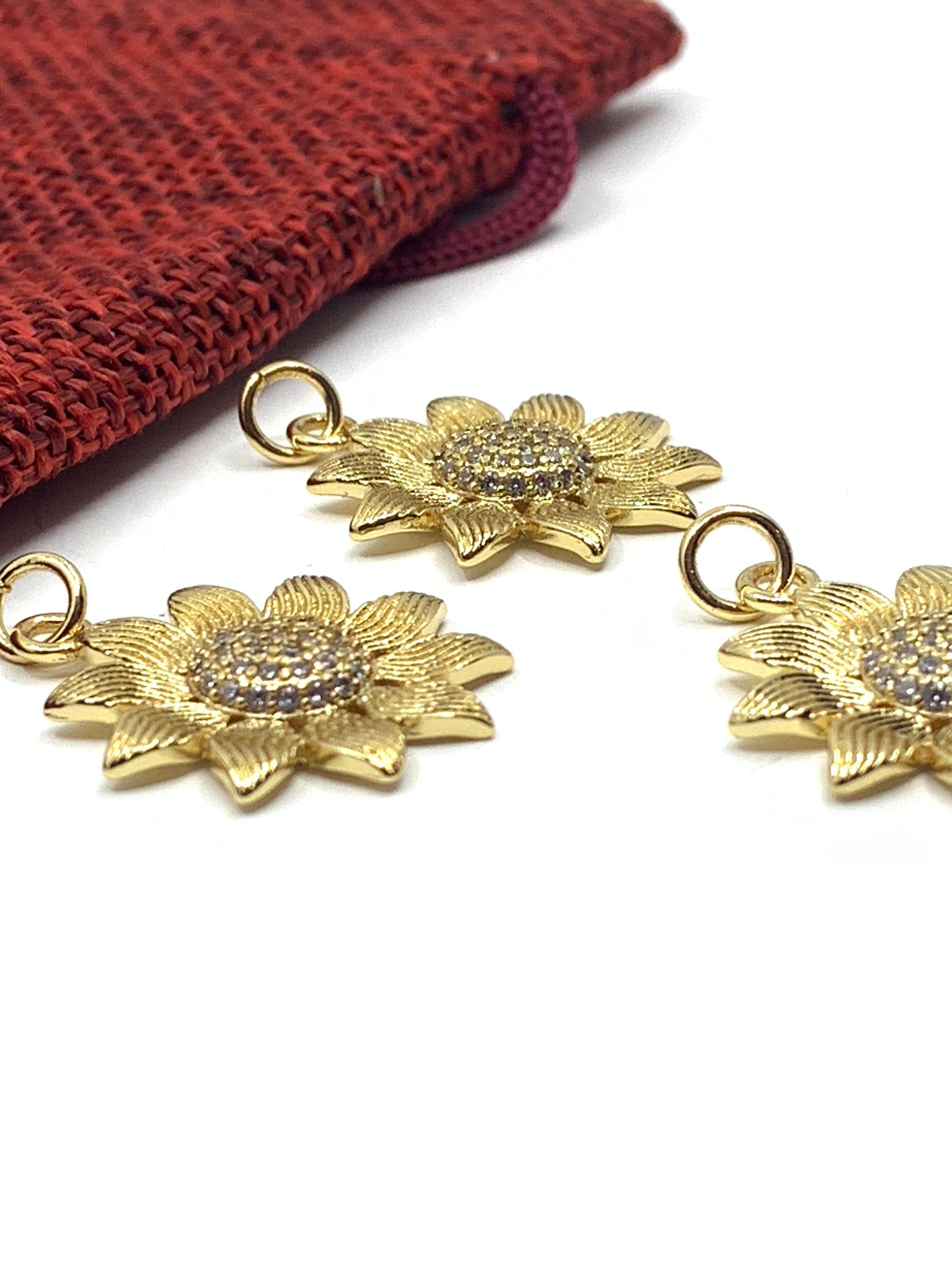 Sunflower Pendant, Gold with CZ Stones