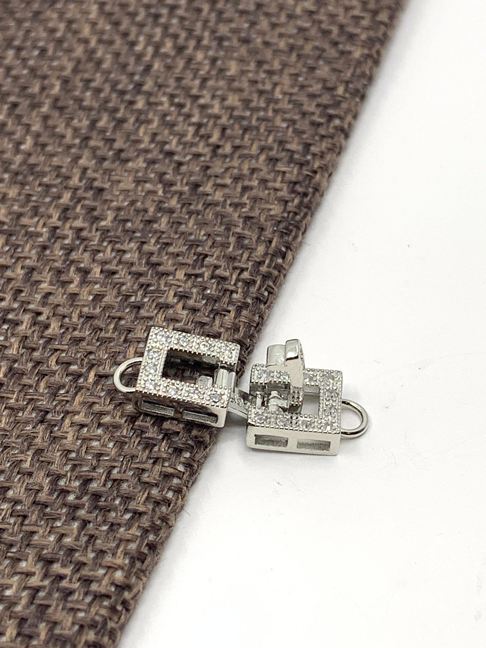 925 Sterling Silver Fold Over Clasp, CZ Square Fold Over 