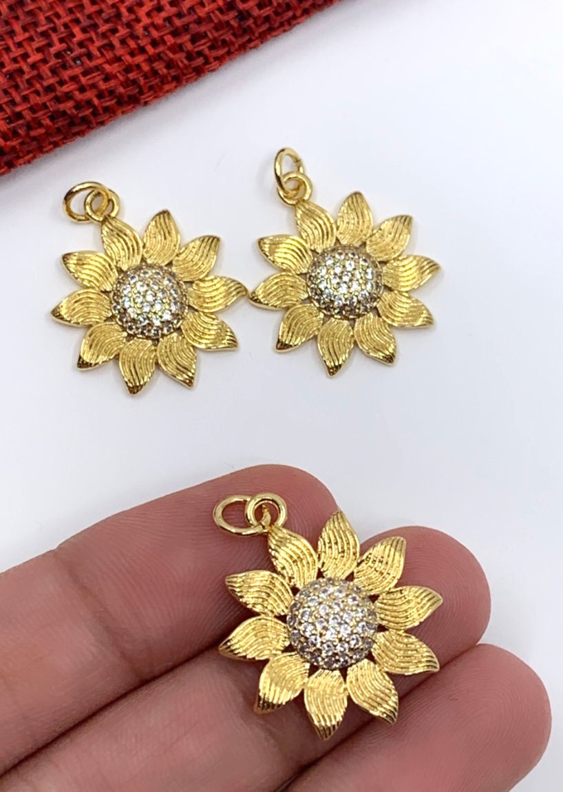 Sunflower Pendant, Gold with CZ Stones