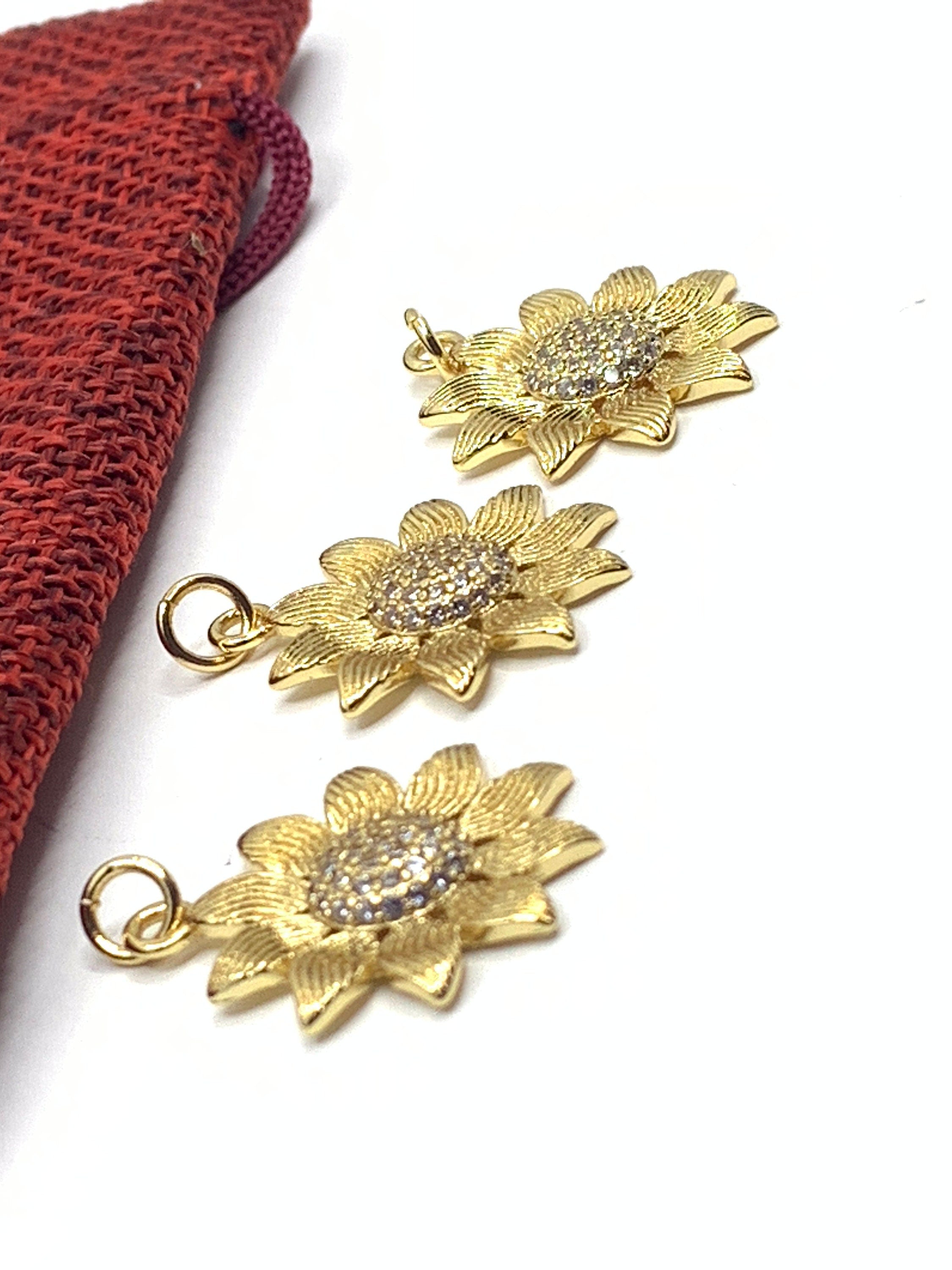 Sunflower Pendant, Gold with CZ Stones