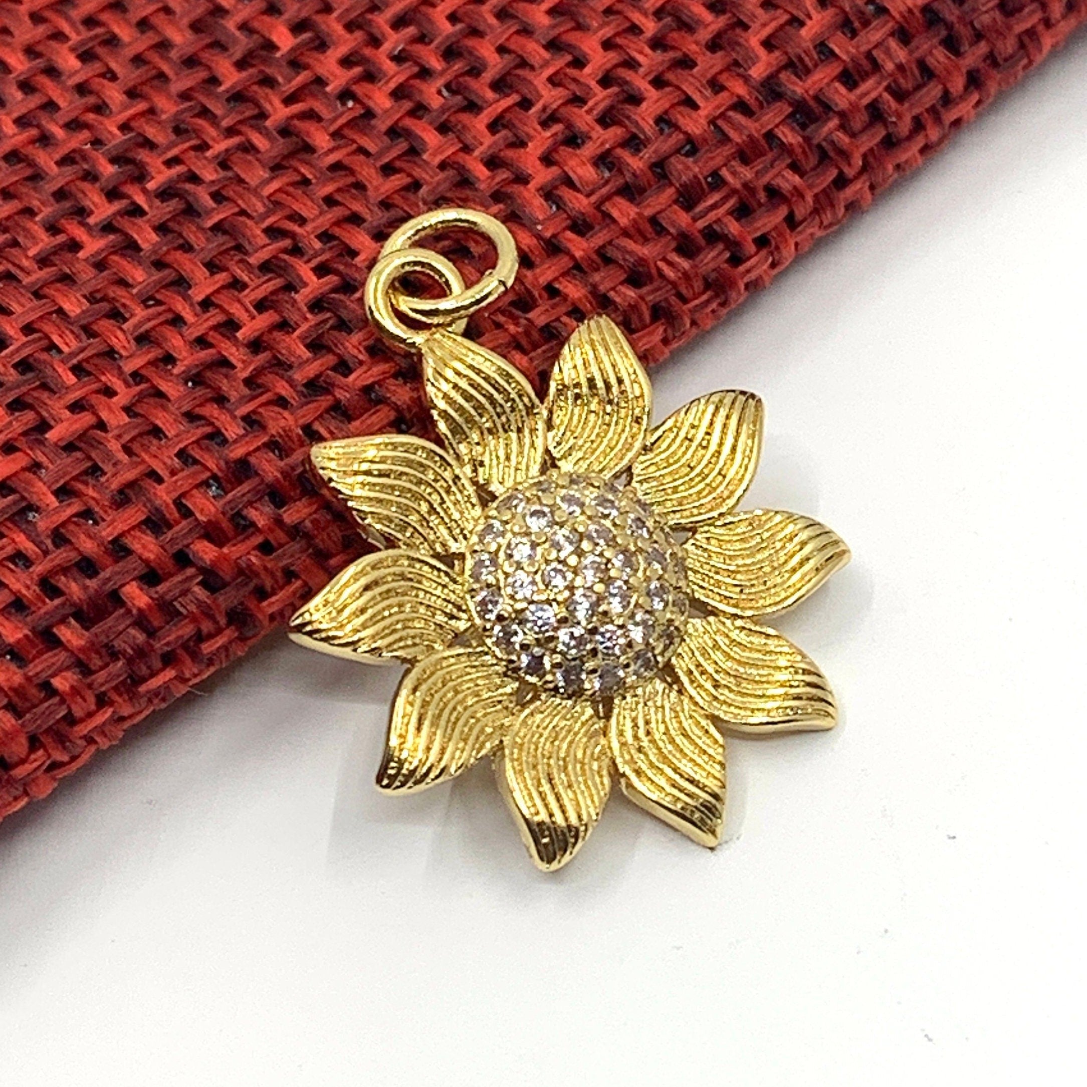 Sunflower Pendant, Gold with CZ Stones