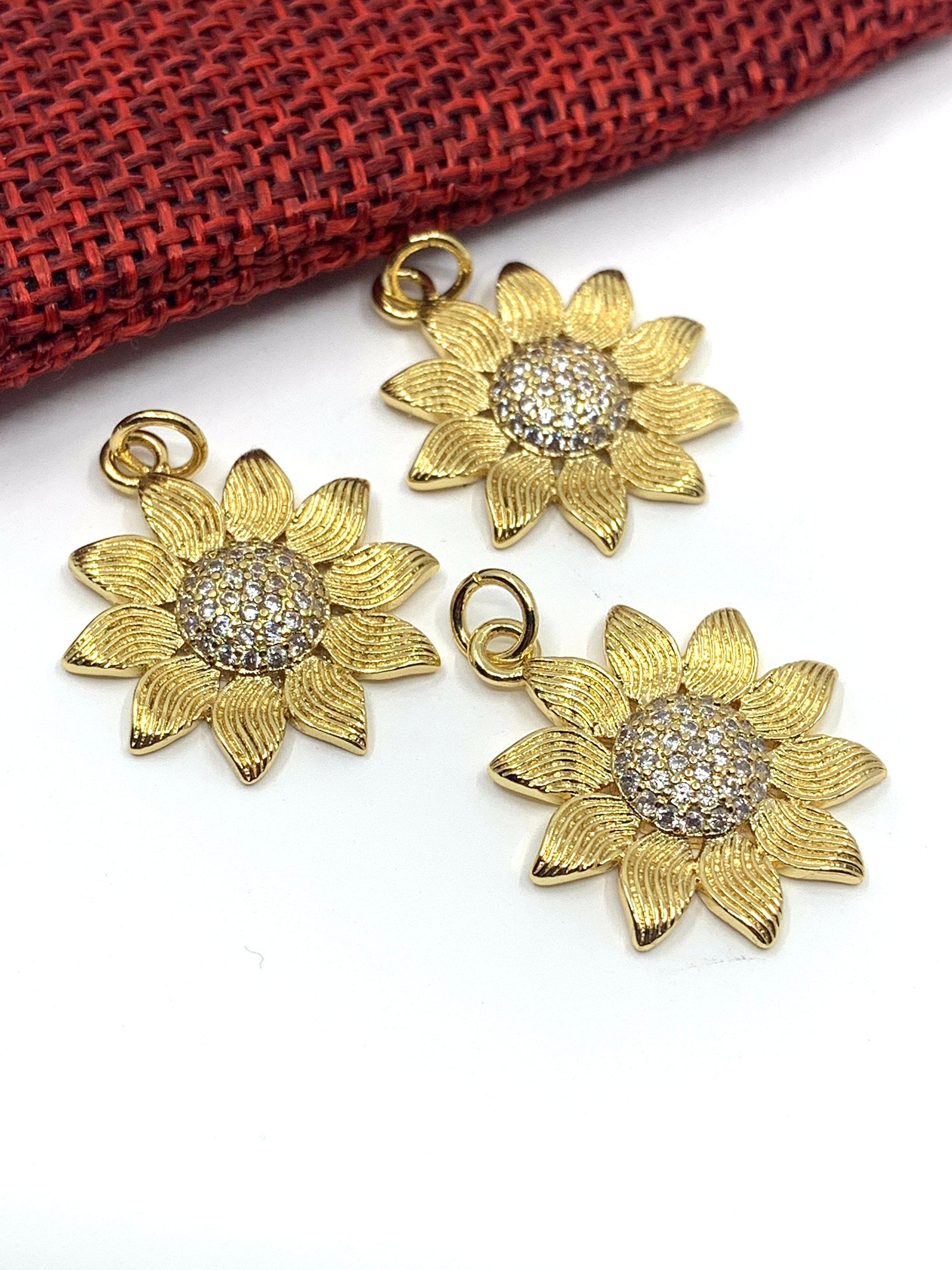 Sunflower Pendant, Gold with CZ Stones