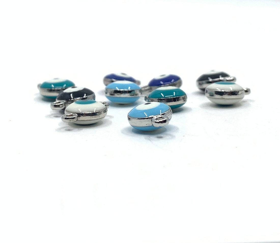 9pcs of 5 colors Enamel Round Evil eye Charms with rhodium plating