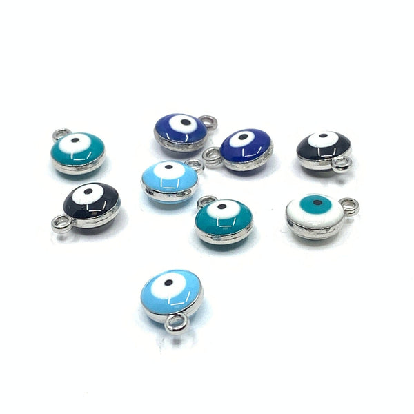 9pcs of 5 colors Enamel Round Evil eye Charms with rhodium plating