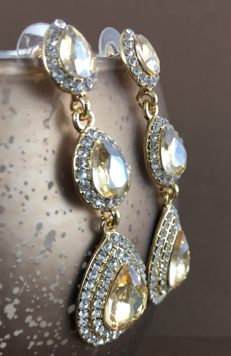 Crystal 3 Tier Teardrop Earrings, Champagne | Bellaire Wholesale